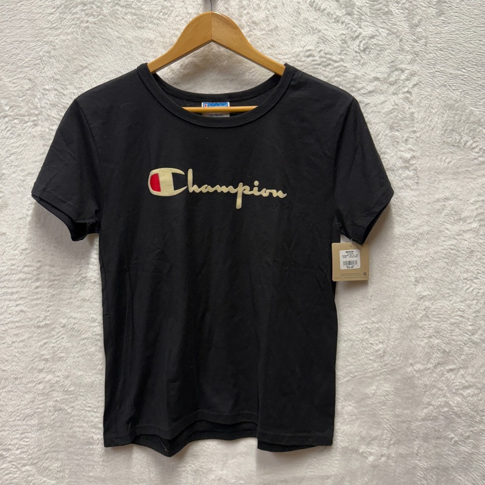 Champion Life Original Tee Shirt Womens Medium Black Flocked Velvet Logo GT92